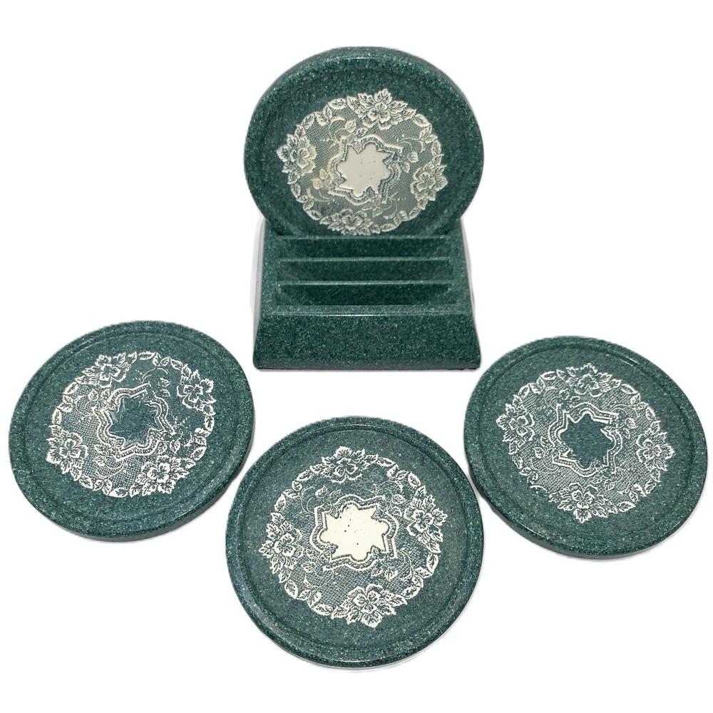 4 Carved Lace Boho Design Coasters w Holder Green Speckle Textured Vtg 1970s Set